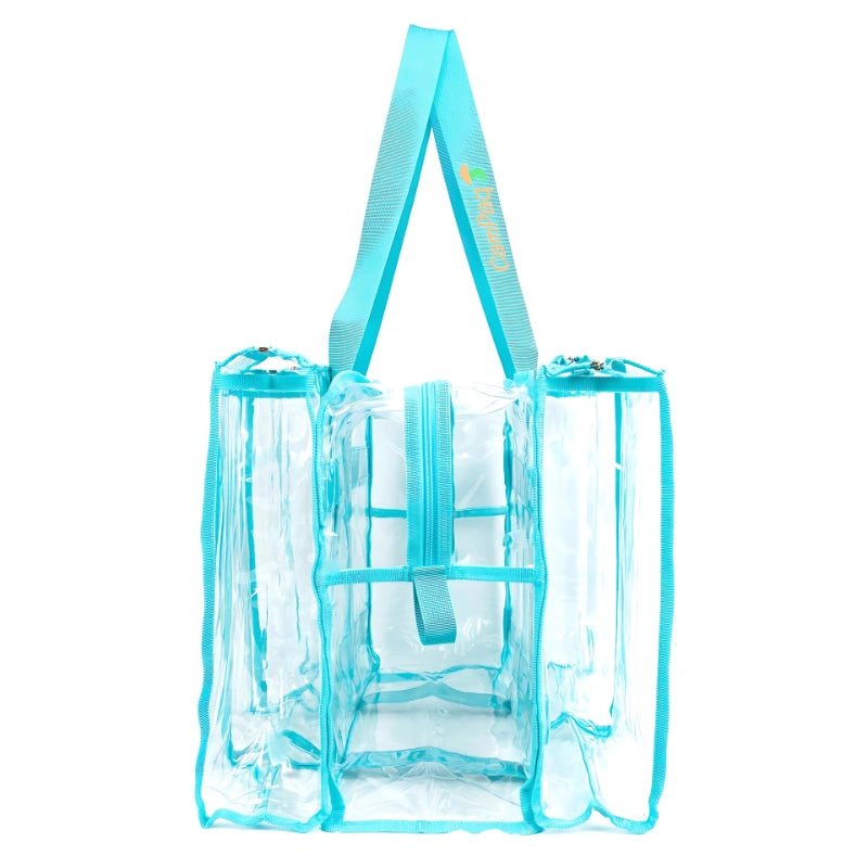 Side view of clear blue medium CamPaq camping bag with a strap on a white background