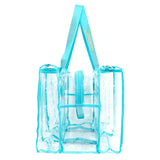 Side view of clear blue medium CamPaq camping bag with a strap on a white background