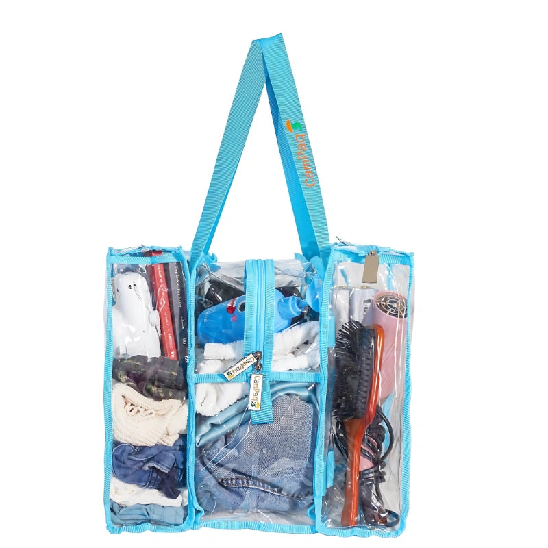 Medium clear blue amPaq camping bag with side view showing clothes and toiletries on a white background