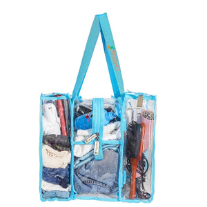 Medium clear blue camping bag with side view showing clothes and toiletries on a white background