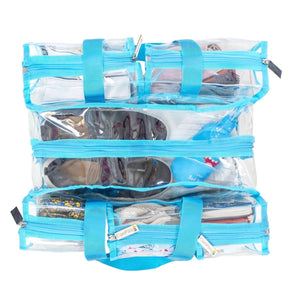 Medium blue camping bag showing top view with clear sections and handles filled with items