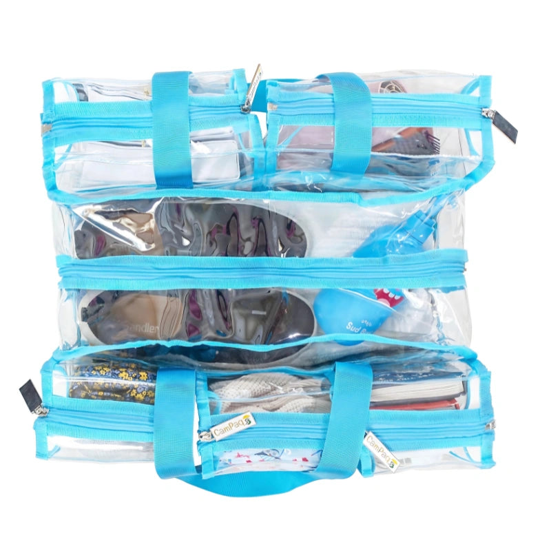 Medium blue camping bag showing top view with clear sections and handles filled with items
