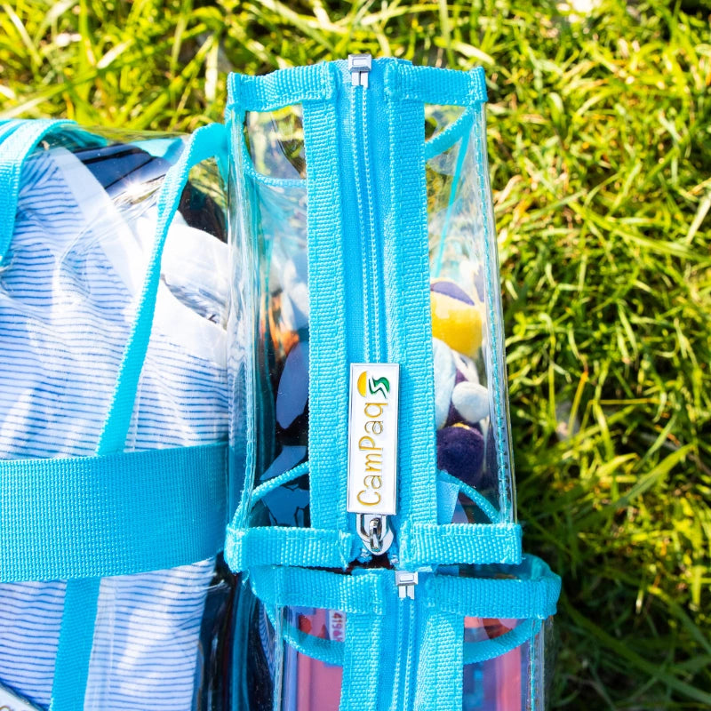 Clear medium blue camping bag showing top view with blue straps and Campaq logo against a grassy background