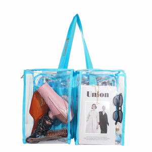 Clear blue medium camping bag with blue handle containing shoes, a magazine, sunglasses and hair dryer on a white background