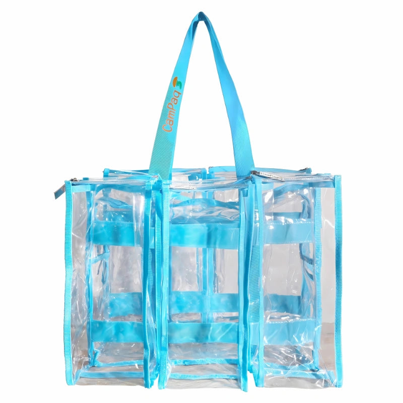 Clear blue medium camping bag showing 3 pockets in front with blue handles on a white background