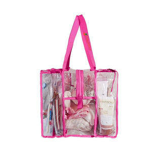 Side view of hot pink medium clear camping bag filled with baby items