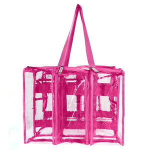Empty side view of medium hot pink clear camping bag showing 3 zipped pockets and handle