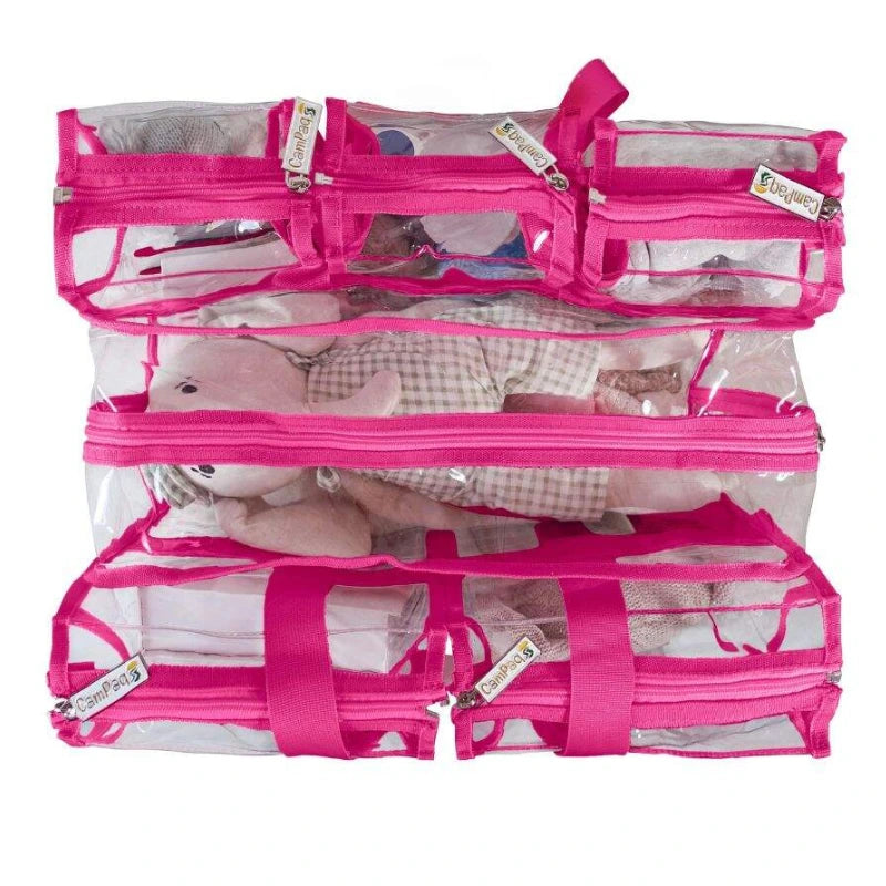 Top view of medium hot pink clear camping bag filled with baby items and zips and handles