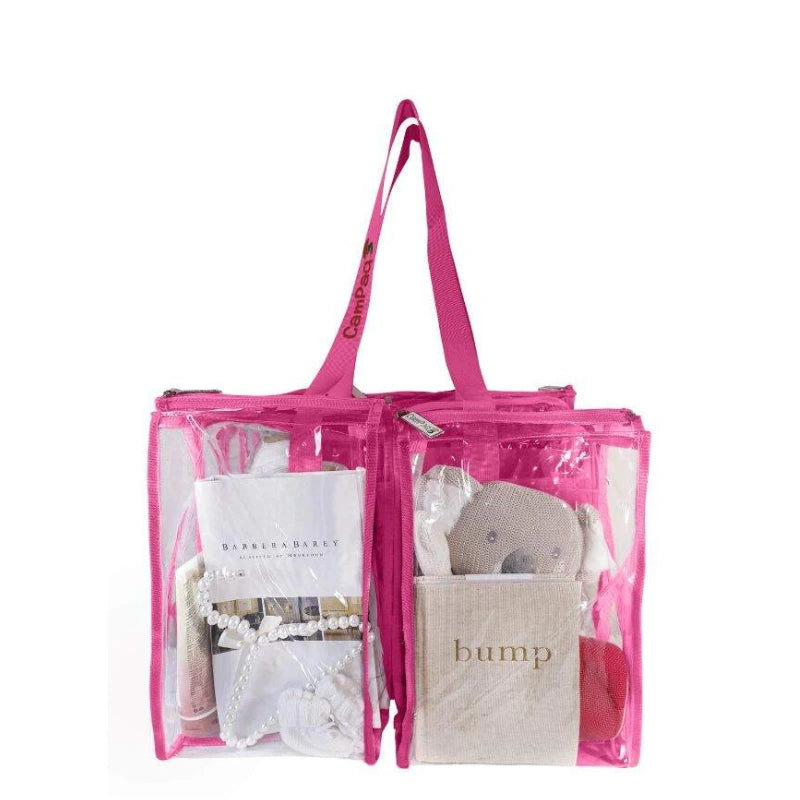 Medium hot pink camping bag showing 2 pockets and handle filled with books and baby gear