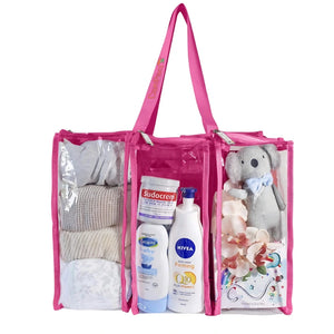 Hot pink medium clear camping bag filled with baby wear, teddy bears and baby toiletry items