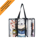 Medium black clear CamPaq camping bag  showing front 3 pockets with various items including a teddy bear, flowers, and a bottle, with text about reinforced pockets.