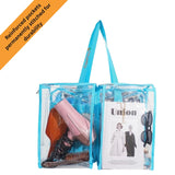 Medium blue clear camPaq camping bag with blue handles containing a shoes, magazine, and sunglasses andhairdryer