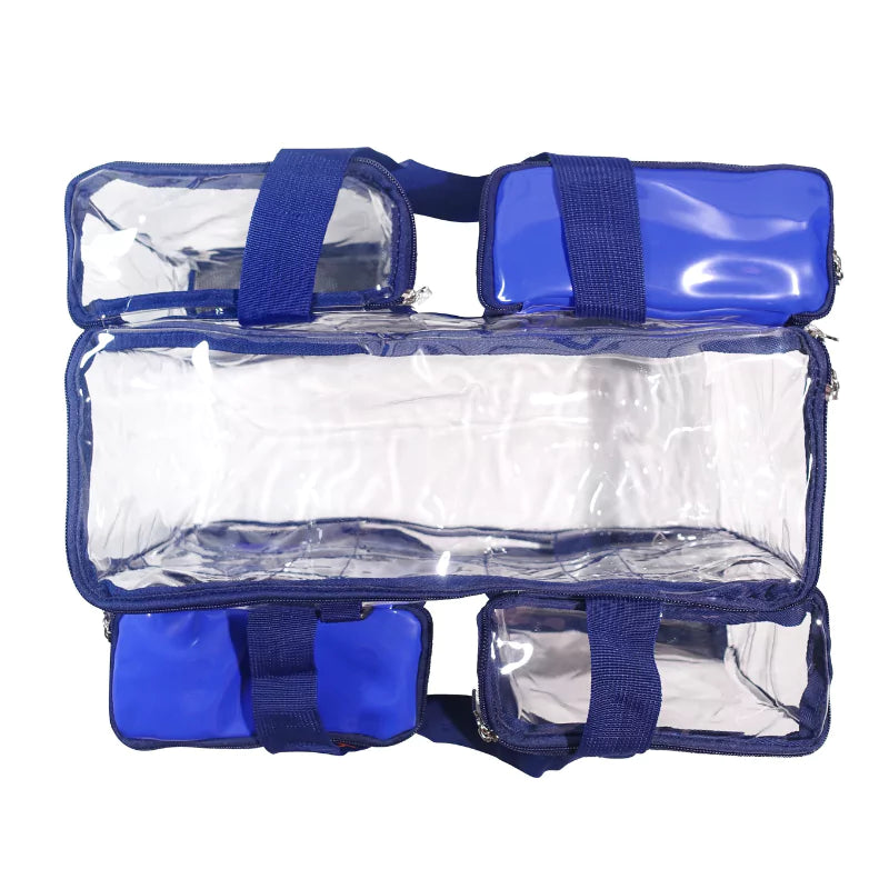 Navy blue clear CamPaq toiletry bag top view with 2 opaque pockets empty