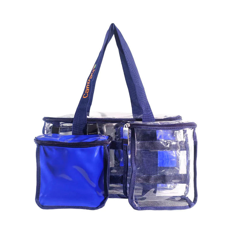 Navy blue clear CamPaq toiletry bag with opaque privacy pocket front view empty