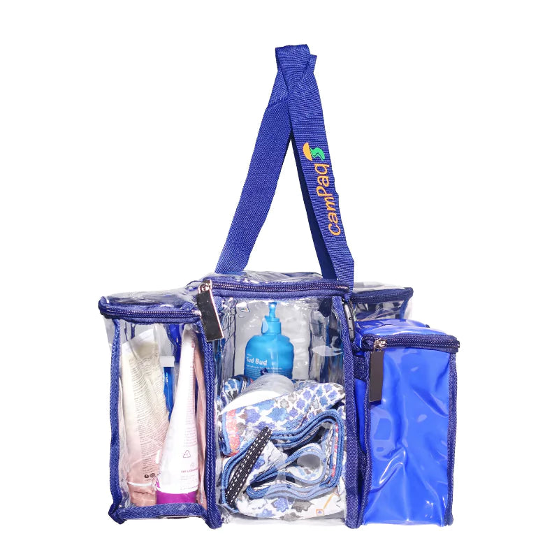 Navy blue clear CamPaq toiletry bag with privacy pocket side view with toiletries
