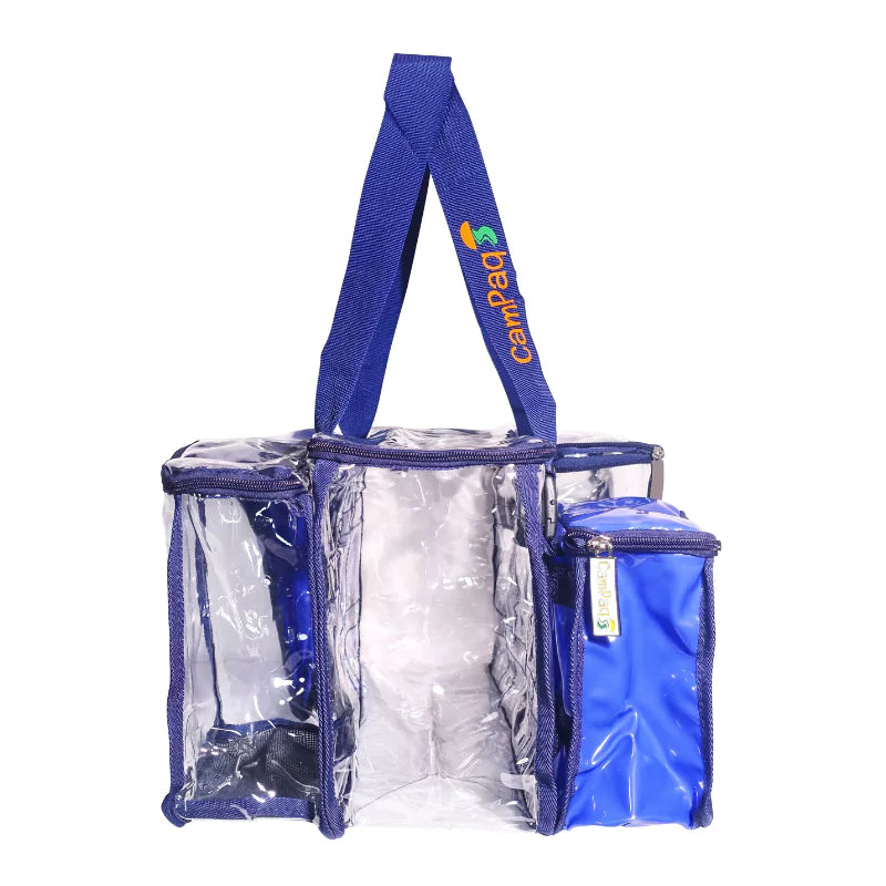Navy-blue-clear-Campaq-toiletry-bag-side-view-with-opaque-pocket-empty