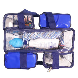 Navy blue clear toiletry bag top view with toiletries