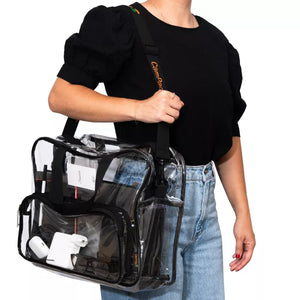 Person wearing clear work/travel bag with black shoulder strap on a white background