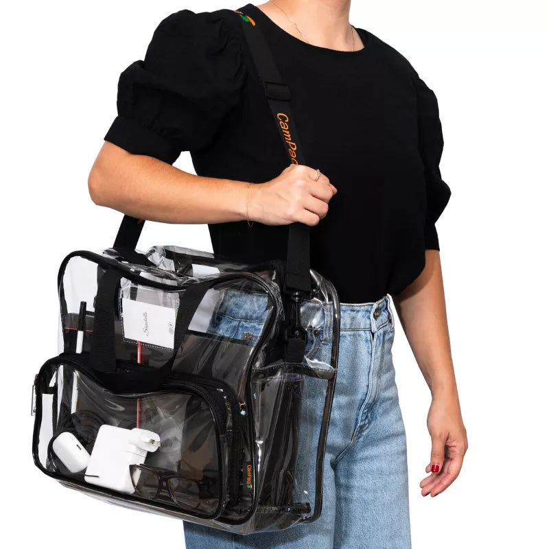 Person wearing clear work/travel bag with black shoulder strap on a white background