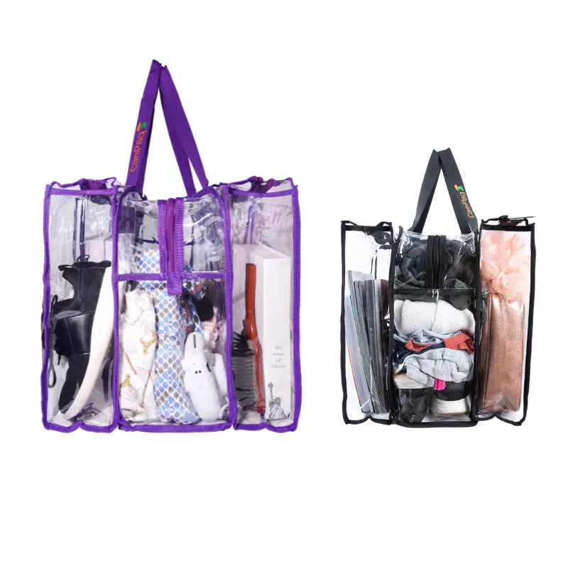 Large and medium clear campaq bags with purple and black straps, containing various items.