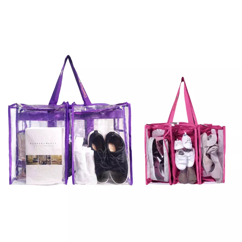 Purple and pink clear campaq bags with shoes and other items on a white background