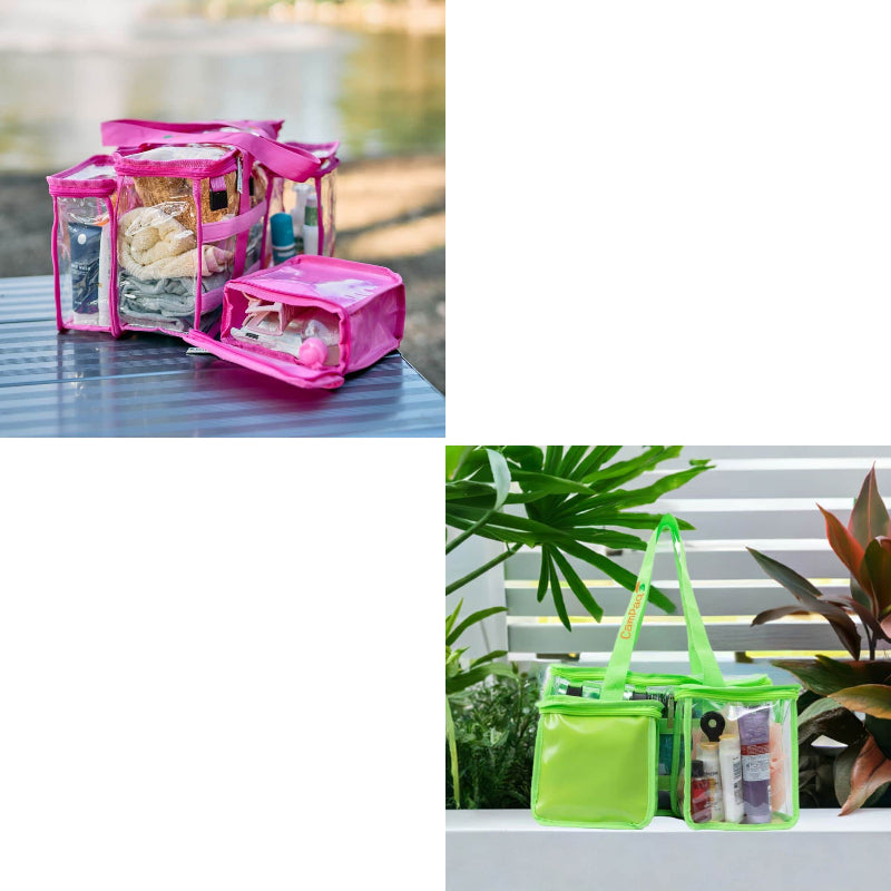 Hot pink and green CamPaq clear toiletry bags bundle shown on table and in bathroom