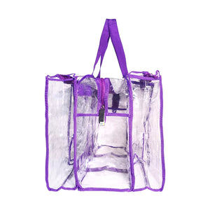 Side view of large purple trim clear camping bag and handles on a white background