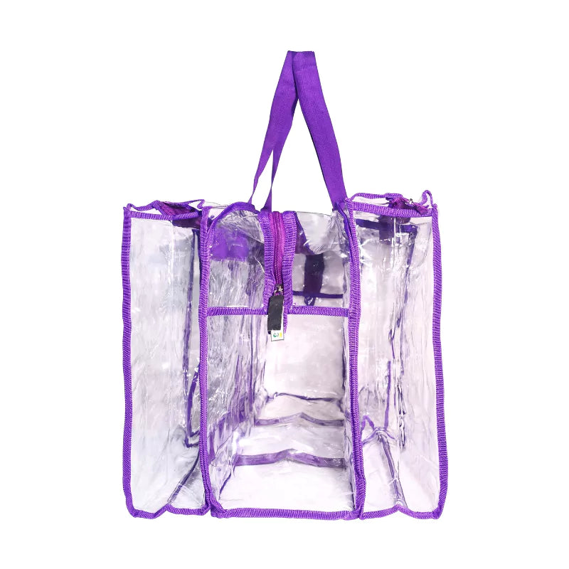 Side view of large purple trim clear camping bag and handles on a white background