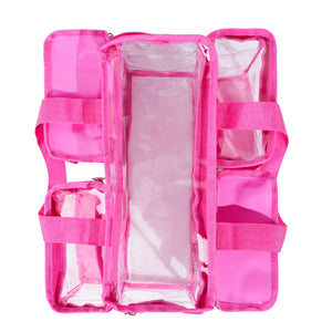 Top view of hot pink clear toiletry bag showing 3 clear pockets and two opaque pockets and long handles.