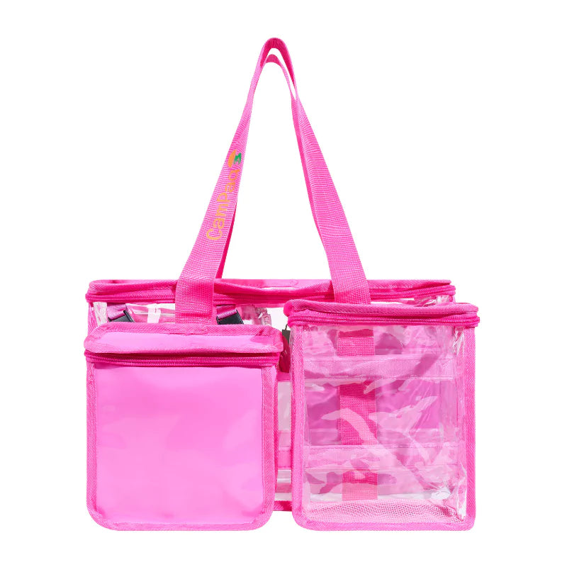 Hot Pink clear toiletry bag showing one side with clear pocket and one opaque detachable pocket and long handles.