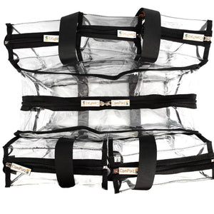 View from top of clear black medium camping bag with black straps and visible CamPaq logo on a white background