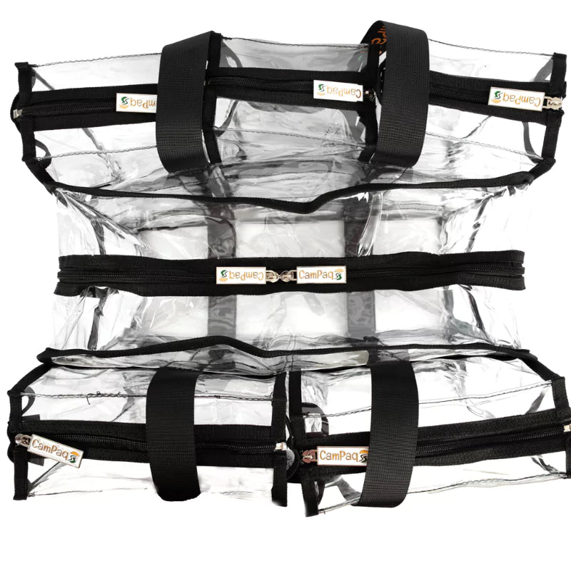 View from top of clear black medium camping bag with black straps and visible CamPaq logo on a white background