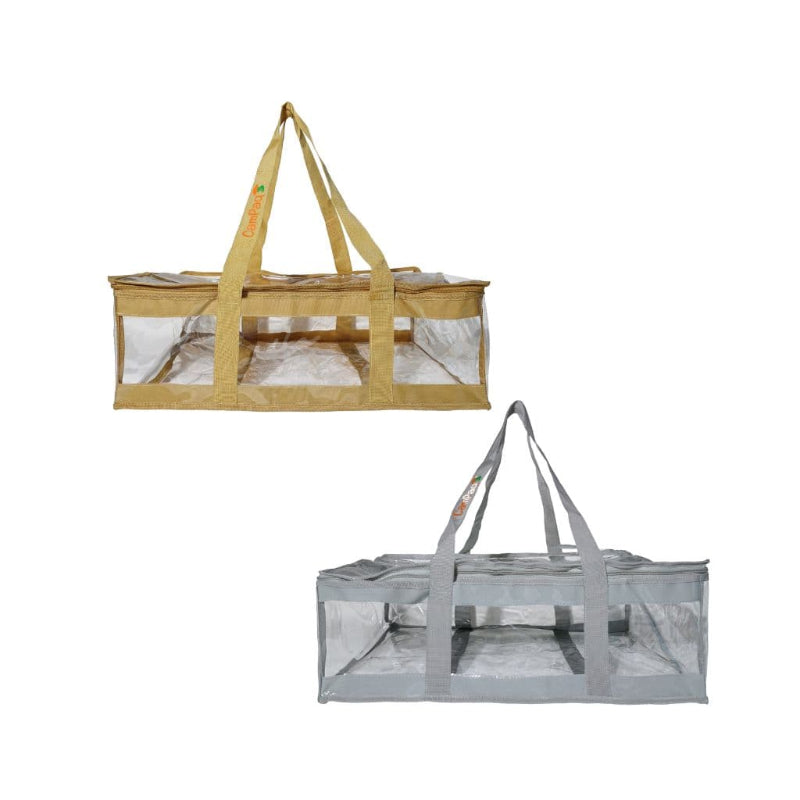 Empty side view of CamPaq clear grey and sand under bed bags with handles