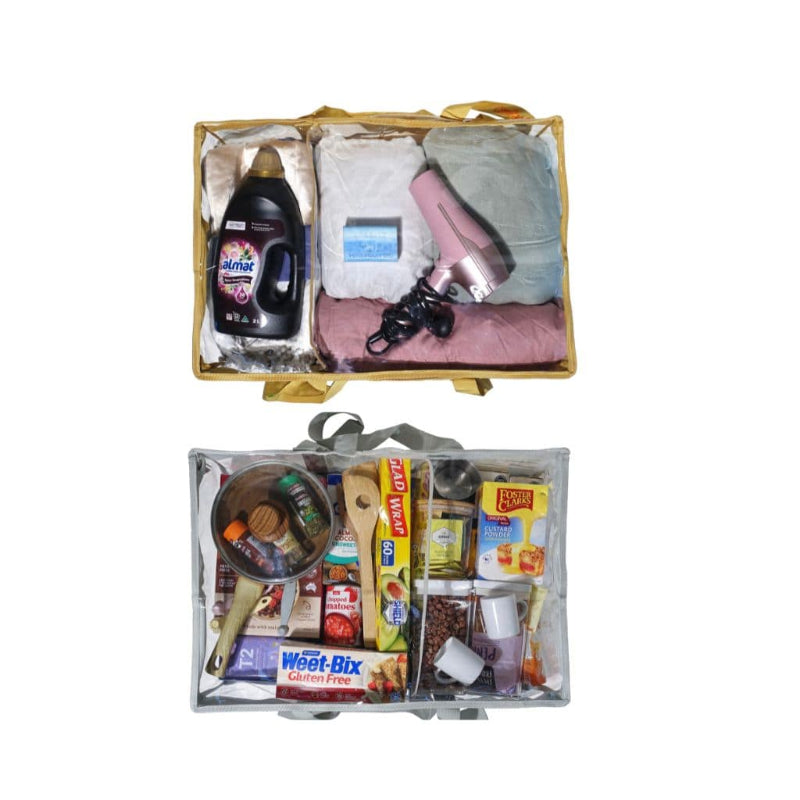 Top view of both CamPaq clear sand and grey under bed bags bundle - filled with pantry items and linen and laundry gear