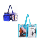 Blue medium and navy toiletry CamPaq clear bags packed with clothes and toiletries