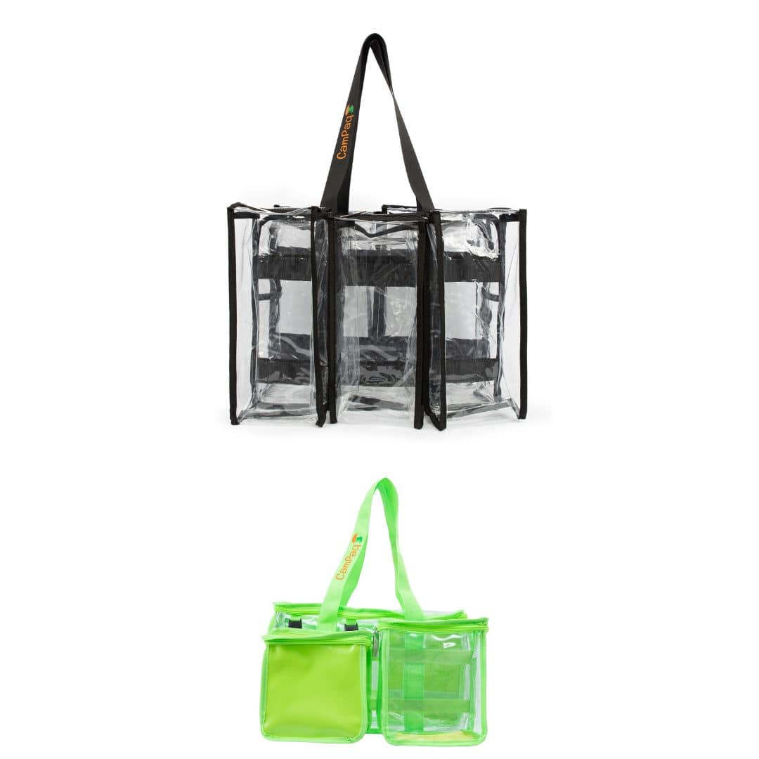 Front view of black medium and green toiletry CamPaq clear bags with top handles