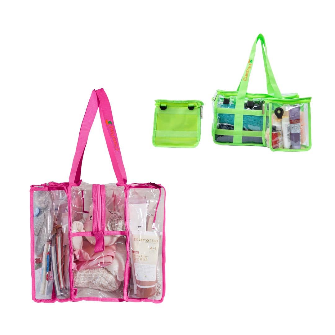 Hot pink medium and green toiletry CamPaq clear bags packed with baby gear and toiletries
