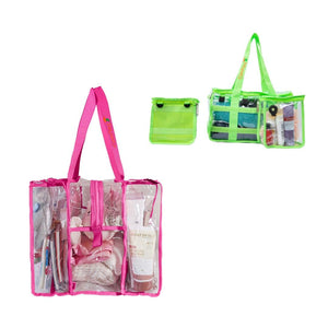 Hot pink medium and green toiletry CamPaq clear bags packed with baby gear and toiletries