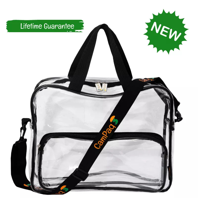Clear work tote bag with crossbody strap and handles and CamPaq brand