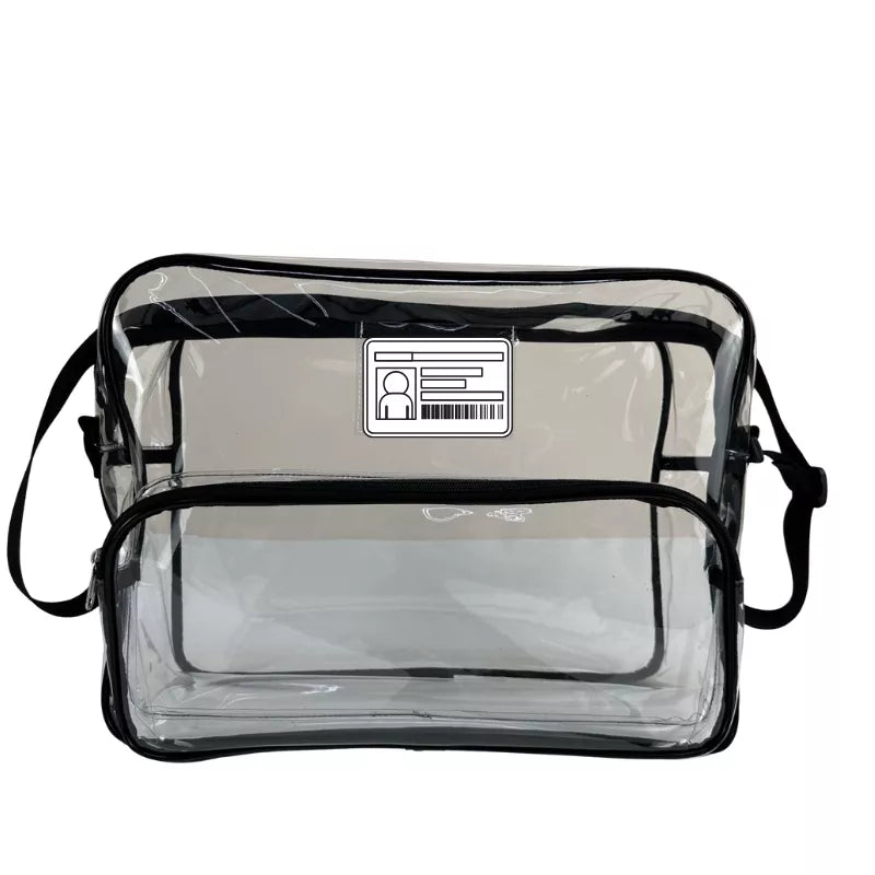 Clear campaq work bag with black straps showing id holder infront of bag