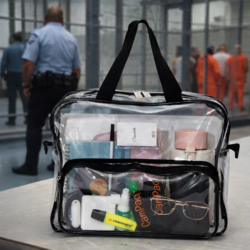 Clear campaq work bag with business items items on a table in a correctional centre, with people and security personnel in the background