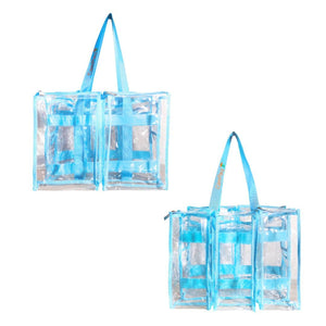 Opposite outside view of blue medium CamPaq clear bag bundle showing 3 pockets on one side, 2 on the other, with handles.