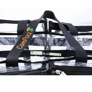 Top view of large black trim clear camping bag showing handles and zipper tabs 