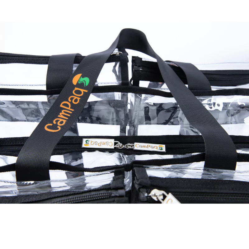 Top view of large black trim clear camping bag showing handles and zipper tabs 