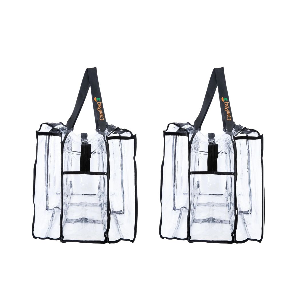 End view of large black CamPaq large clear bag with top handles