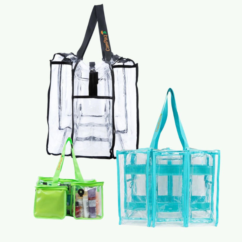 Large black plus blue medium plus green toiletry CamPaq clear bags