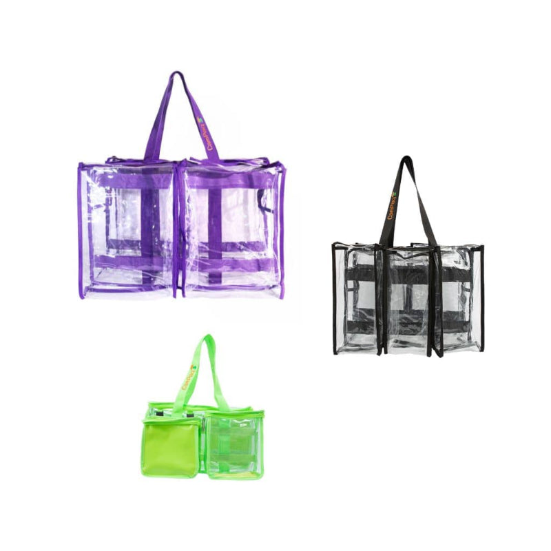 Large purple plus medium black plus green toiletry CamPaq clear bags