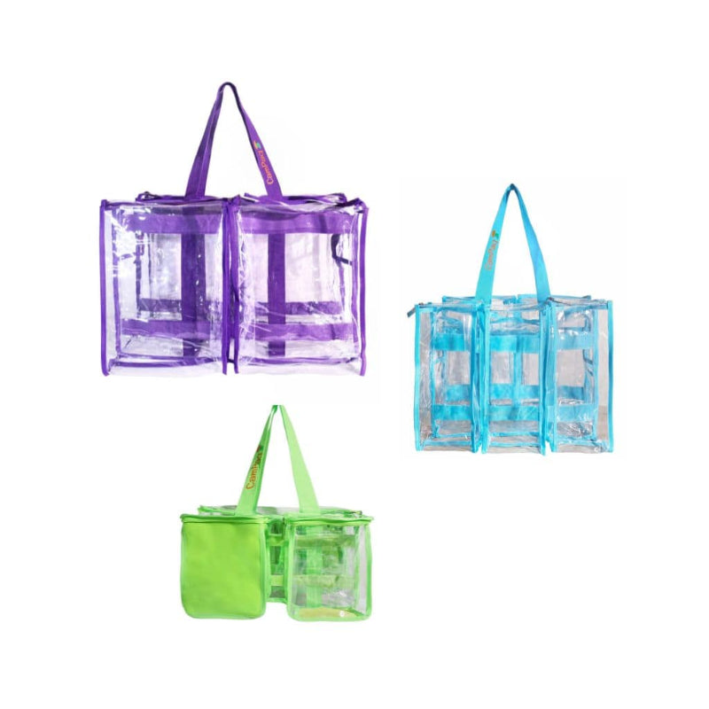 Large purple plus medium blue plus green toiletry CamPaq clear bags