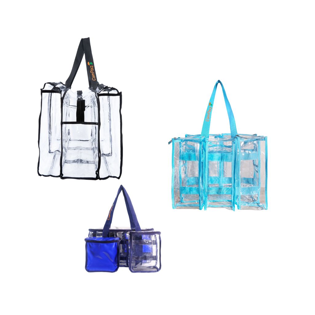 Large black plus medium blue plus navy toiletry CamPaq clear bags