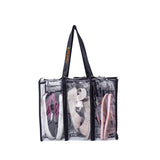 Side view of black medium CamPaq clear bag bundle showing top handles and 3 pockets filled with shoes